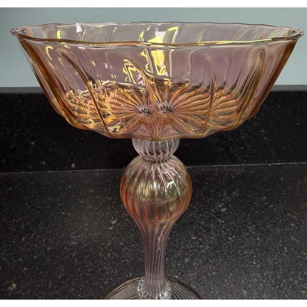 Bimini Art Glass Footed Nut Dish Delicate Hollow Stem Swirl Design Compote Champ - Picture 6 of 7